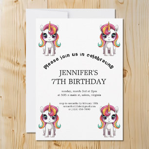 Invitation Carton mignon Rainbow Unicorn fête d'anniversaire