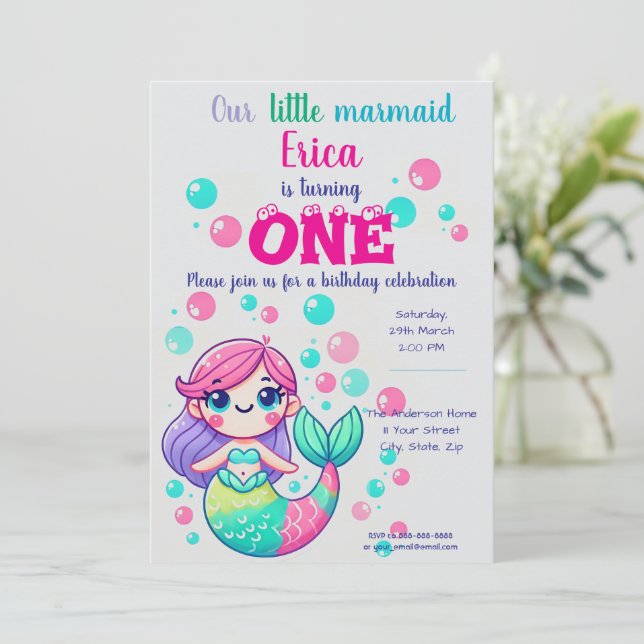 Invitation Carton mignon Sirène Anniversaire Invitation|Sea P (Debout devant)