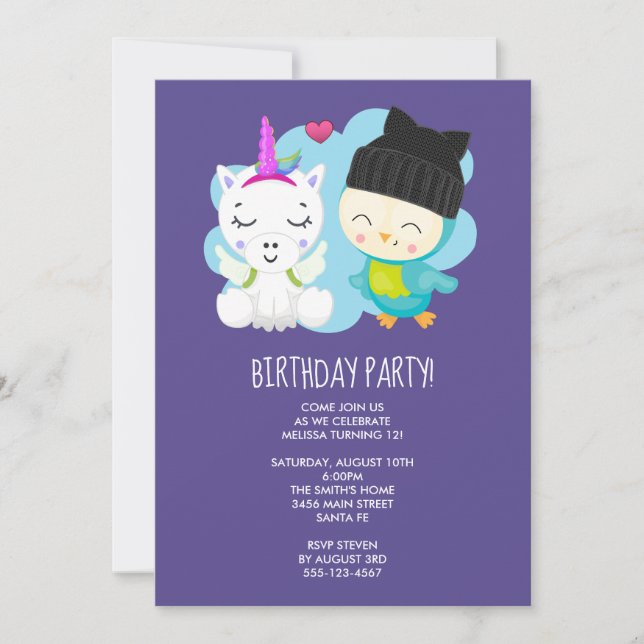 Invitation Carton mignon Unicorn & Birdie Anniversaire (Devant)