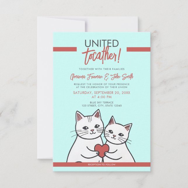 Invitation Carton Rouge et blanc Mariage Whimsical Cats (Devant)