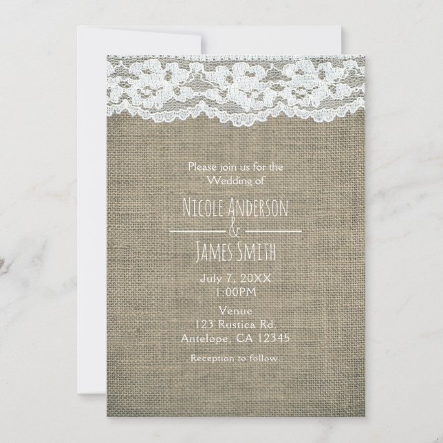 Invitation Cartons de mariage rustiques simples Burlap & Lace (Devant)