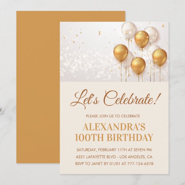 Invitation Cartons d'invitation 100e anniversaire Ballons Or (Devant / Derrière)
