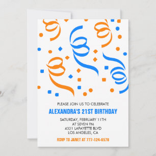 Invitation Cartons d'invitation 21 ans Confettis Orange Bleu