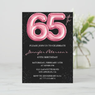 Invitation Cartons d'invitation 65 ans noir Ballon Glam Rose