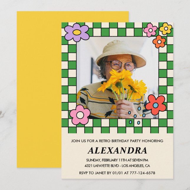 Invitation Cartons d'invitation 95e anniversaire Fleurs Rétro (Devant / Derrière)