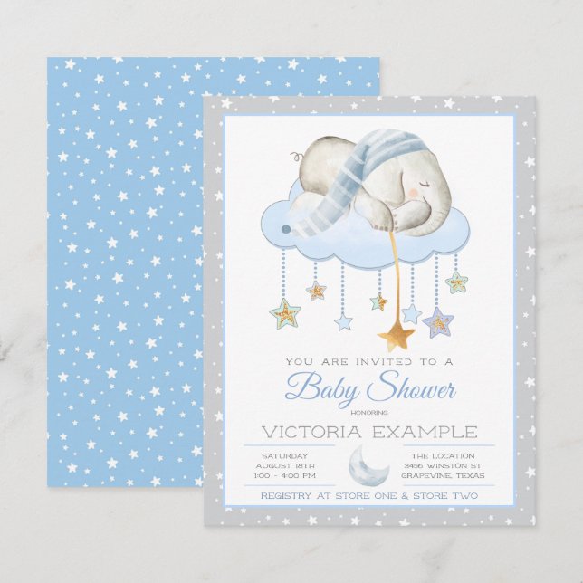 Invitation Cartons d'invitation Baby Shower éléphant gris ble (Devant / Derrière)