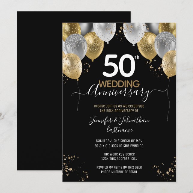 Invitation Cartons d'invitation ballons dorés 50e anniversair (Devant / Derrière)