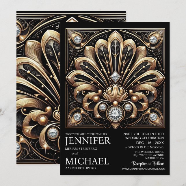 Invitation Cartons d'invitation de mariage diamant noir et or (Devant / Derrière)
