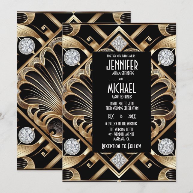 Invitation Cartons d'invitation de mariage diamant noir et or (Devant / Derrière)