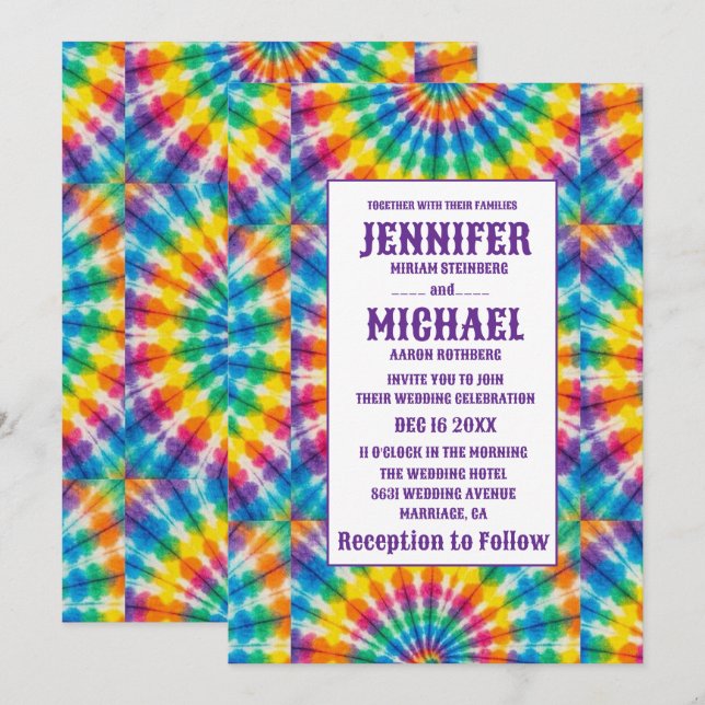 Invitation Cartons d'invitation de mariage tie dye psychédéli (Devant / Derrière)