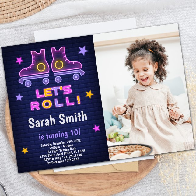 Invitation Cartons d'invitation personnalisables pour une fêt (Neon Pink Purple Skating Birthday Invitations phot)