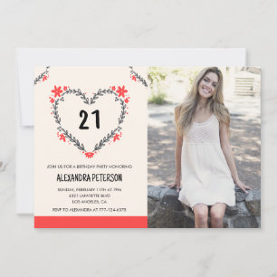 Invitation Cartons d'invitation pour 21 ans avec cœur floral