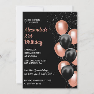 Invitation Cartons d'invitation pour 21 ans Ballon Noir Rose