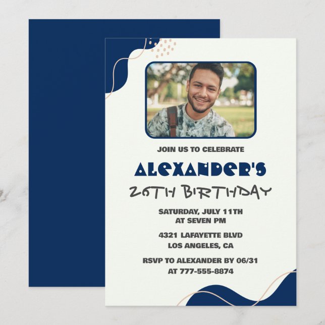 Invitation Cartons d'invitation pour les 26 ans Hommes Marine (Devant / Derrière)