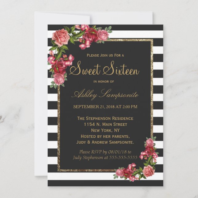 Invitation Cartons d'invitation pour Sweet 16 à rayures roses (Devant)