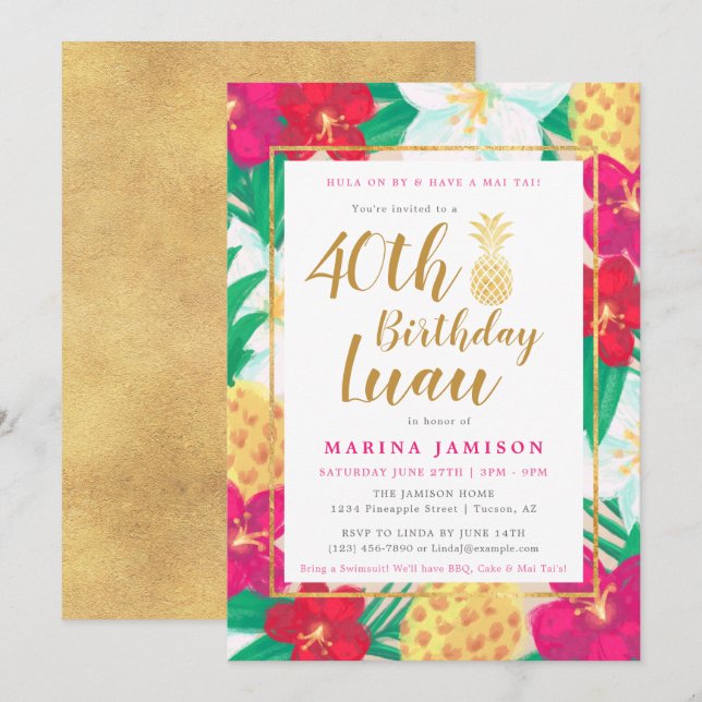 Invitation Cartons d'invitation pour une fête luau en or (Devant / Derrière)