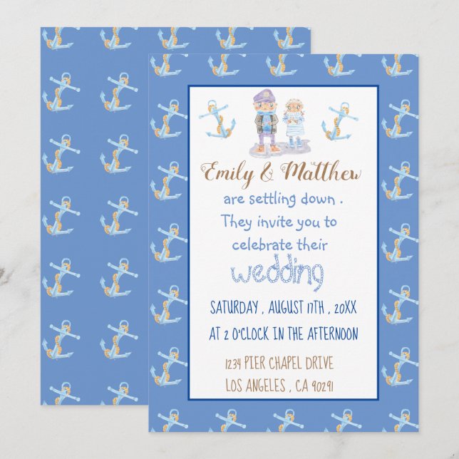 Invitation Cartoon bleu blanc et Mariage or (Devant / Derrière)