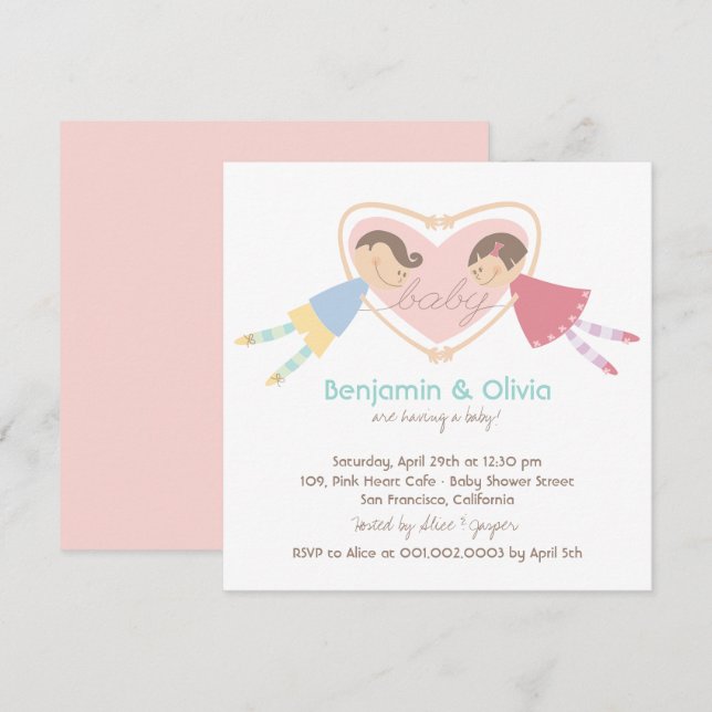 Invitation Cartoon Boy Hearts Girl Love Couples Baby shower (Devant / Derrière)