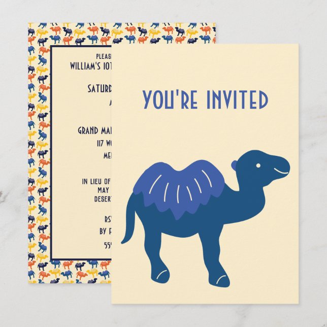 Invitation Cartoon Camel Bleu Bactrion 2 Humps Personnalisé (Devant / Derrière)