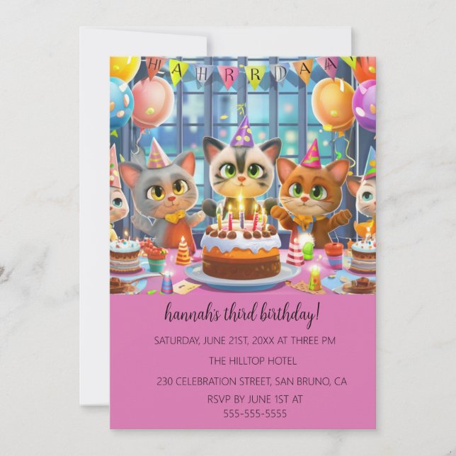 Invitation Cartoon Cats Purr-fect pour enfants fête d'anniver (Devant)