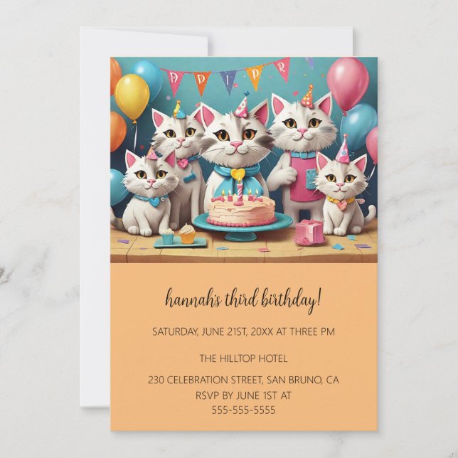 Invitation Cartoon Cats Purr-fect pour enfants fête d'anniver (Devant)