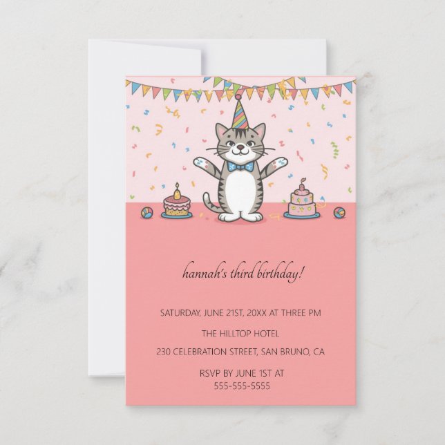 Invitation Cartoon Cats Purr-fect pour enfants fête d'anniver (Devant)