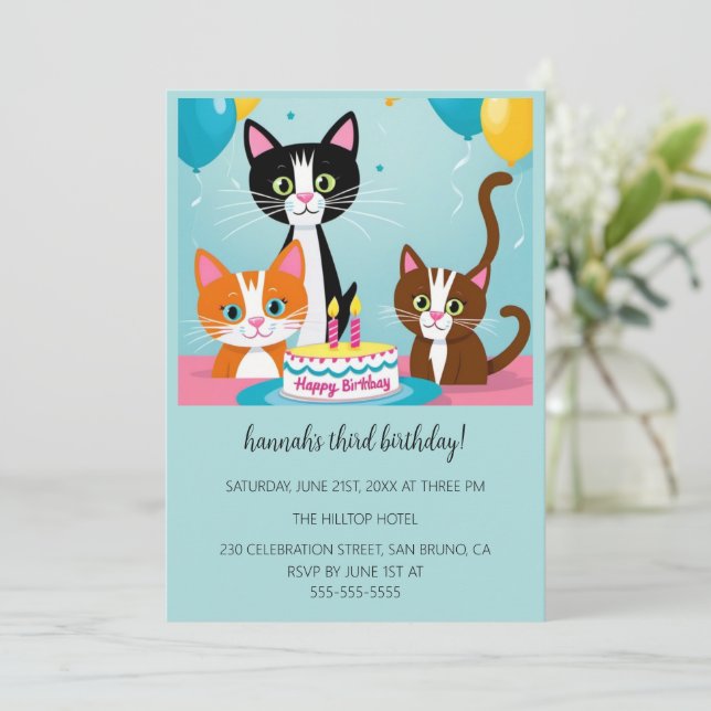 Invitation Cartoon Cats Purr-fect pour enfants fête d'anniver (Debout devant)