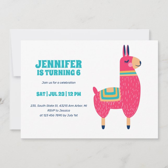 Invitation Cartoon Cute Llama Anniversaire de enfant rose cha (Devant)
