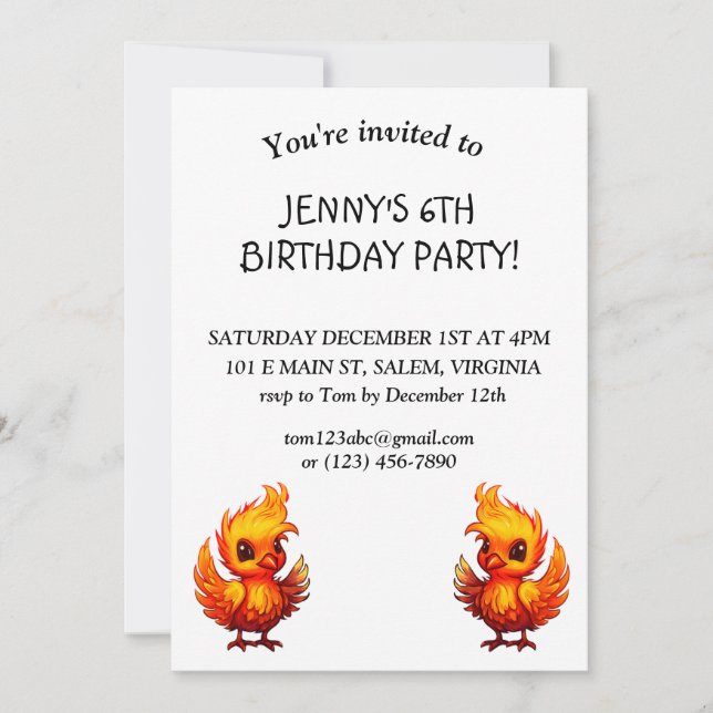 Invitation Cartoon Fiery adorable bébé Phoenix Anniversaire (Devant)
