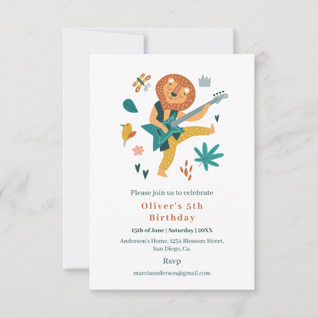 Invitation Cartoon Lion & Guitare Anniversaire (Devant)