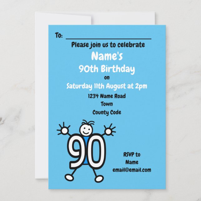 Invitation Cartoon mignon Male Blue 90e fête d'anniversaire (Devant)
