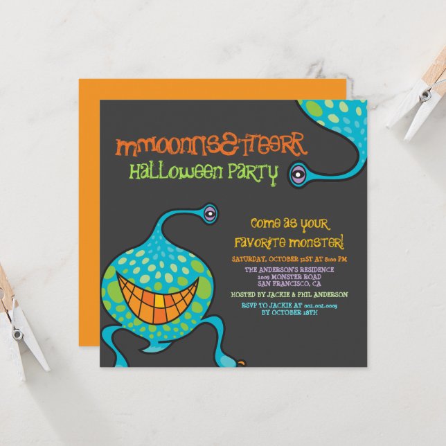 Invitation Cartoon Monster Green Alien Fête d'Halloween pour  (Devant/Arrière en situation)