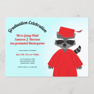 Invitation Cartoon Raccoon Rouge Noir Bleu Enfant Graduation