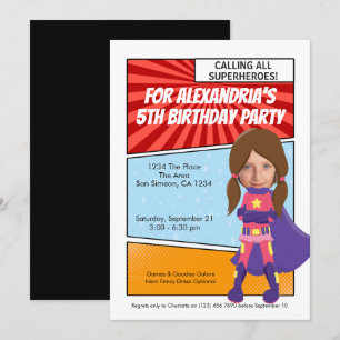 Invitation Cartoon Superhero Comic Birthday Party (brunette)
