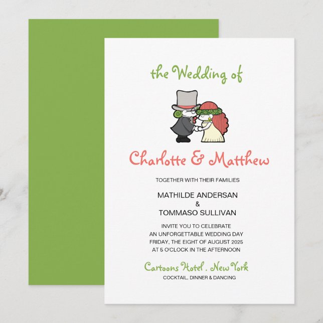 Invitation Cartoon vert mignon caractères Mariage lunaire (Devant / Derrière)