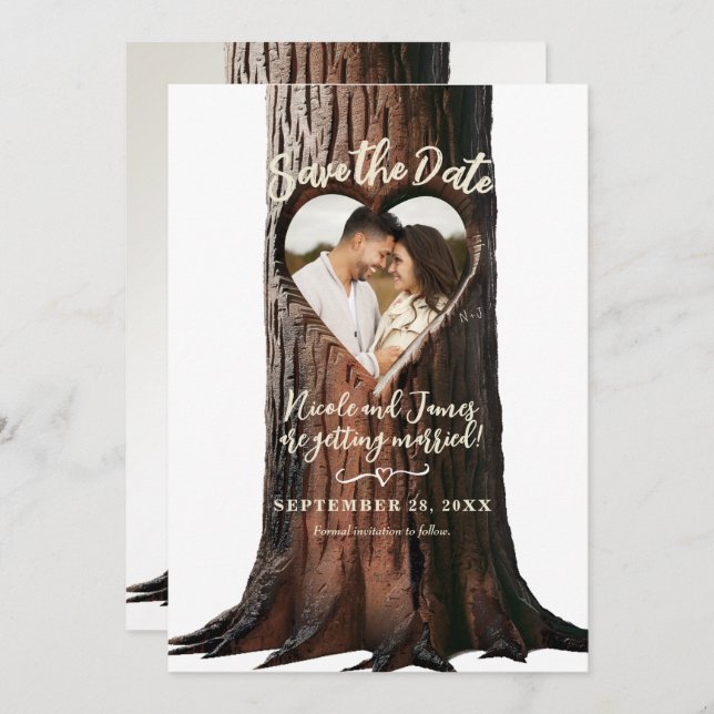 Invitation Carved Heart Tree Stump Rustic Photo Enregistrer l (Devant / Derrière)