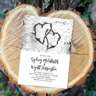 Invitation Carved Hearts White Birch Bark Wedding