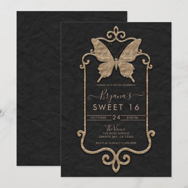 Invitation Casa Mariposa rose et noir papillon doux 16 (Devant / Derrière)