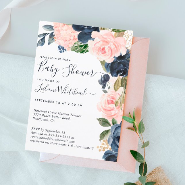 Invitation Cascade de fleurs de la marine rose baby shower (Créateur téléchargé)