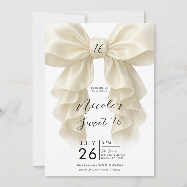 Invitation Cascade de rubans à la crème Élégant Sweet 16 Fête (Devant)