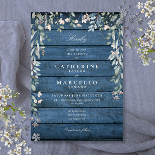 Invitation Cascade Floral de Verdure Rustique Bleu Bois Maria