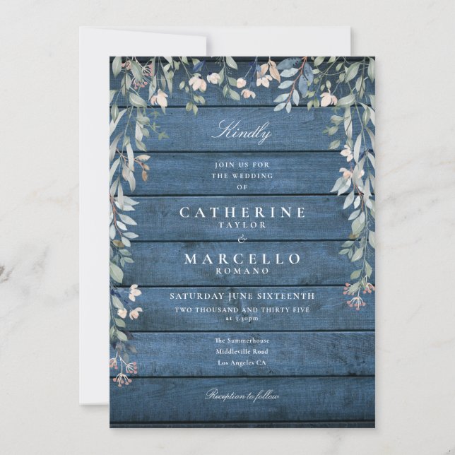 Invitation Cascade Florale de verdure Mariage en bois bleu ru (Devant)