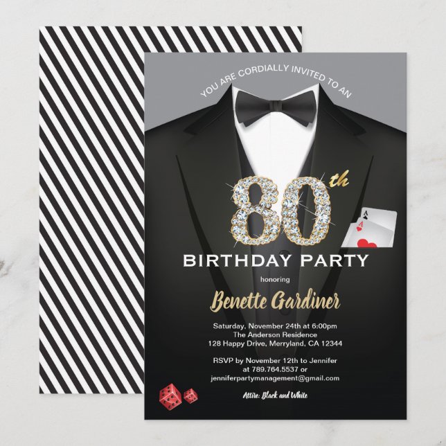Invitation Casino 80e anniversaire. Noir et or (Devant / Derrière)