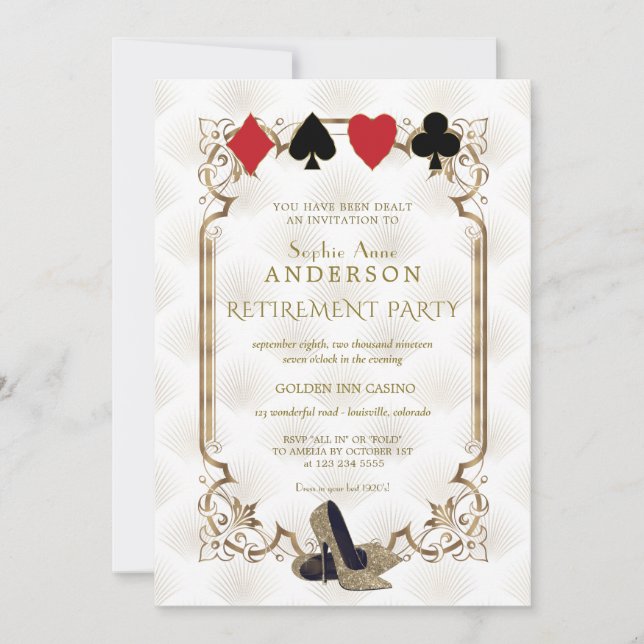 Invitation Casino Art Déco Blanc Vegas Poker Retraite (Devant)