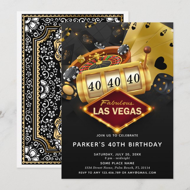 Invitation Casino Las Vegas Anniversaire fête Black Gold (Devant / Derrière)