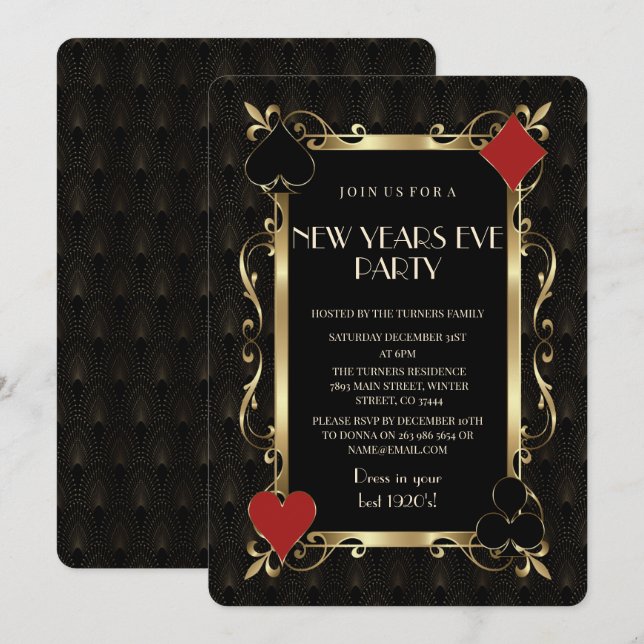 Invitation Casino Night Gold Art Deco New Years Eve Party (Devant / Derrière)