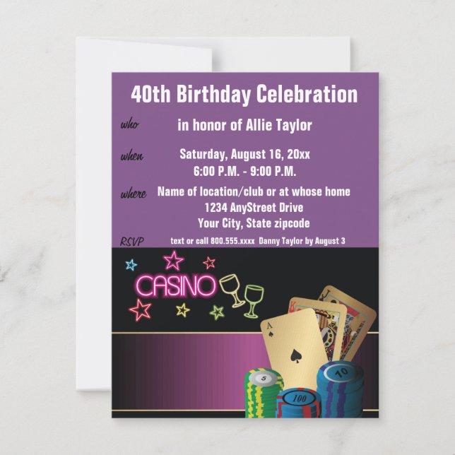 Invitation Casino Thème 40e anniversaire Fête violet (Devant)