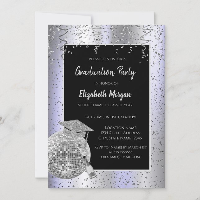 Invitation Casquette Argent, Confetti Boule Disco, Lavandre D (Devant)