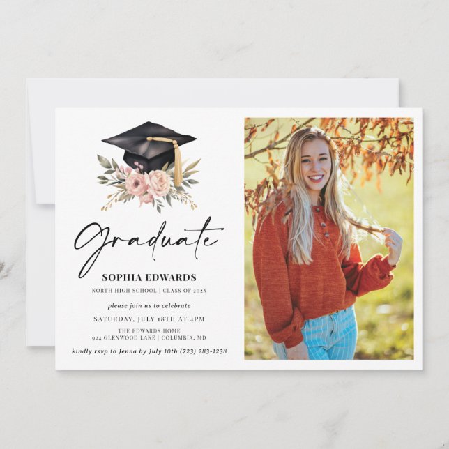 Invitation Casquette avec fleurs et photo (Devant)