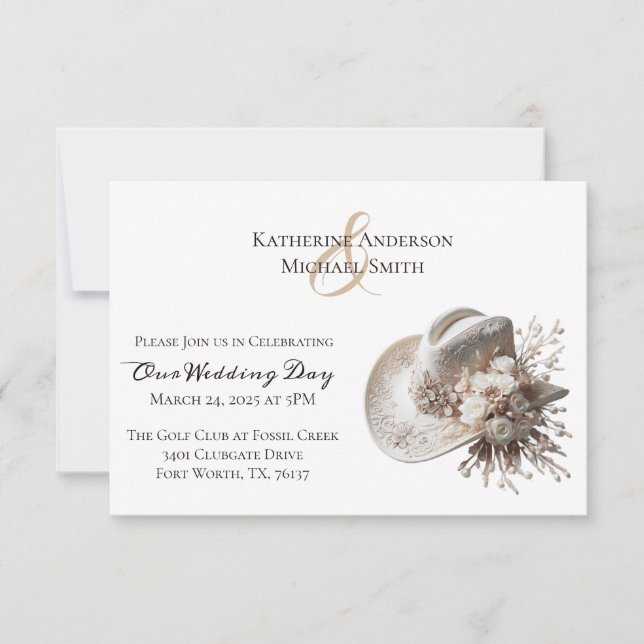 Invitation Casquette blanc Cowgirl avec Mariage Fleurs (Devant)